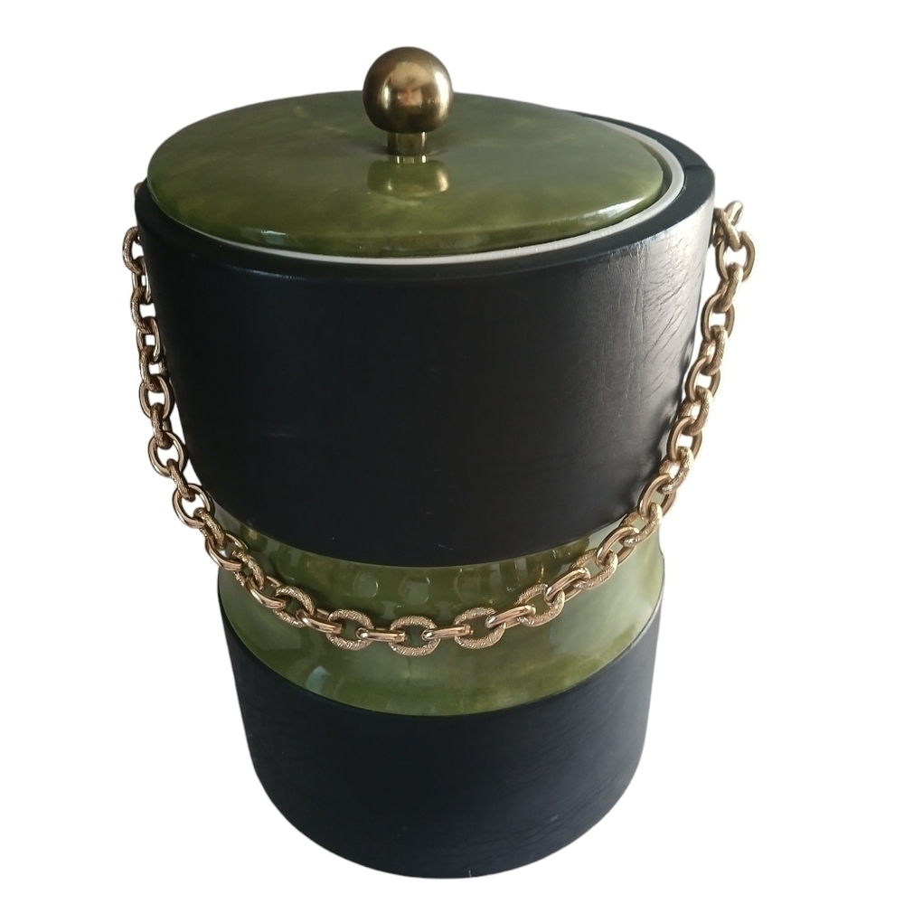 Vintage Ice bucket Tall Green Chain Regency Faux Vinyl